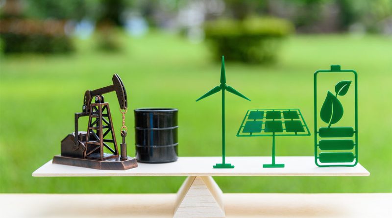 Image of a balance board with mining equipment on one side and eco friendly signs on the other to support fossil fuels listicle