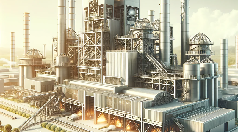 A high-tech iron ore briquette production facility under sunny skies, with workers in safety gear, emphasizing sustainability through greenery and emission controls to support sustainable steel production article