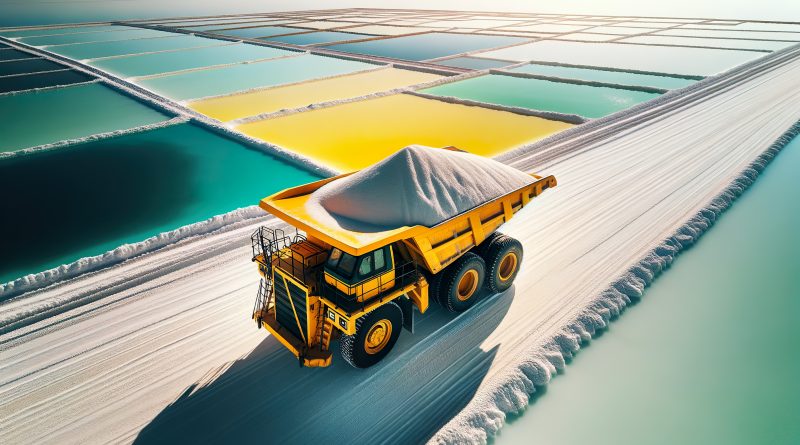Lithium evaporation pond in Chile with product being transported set against a salt flat and clear blue sky