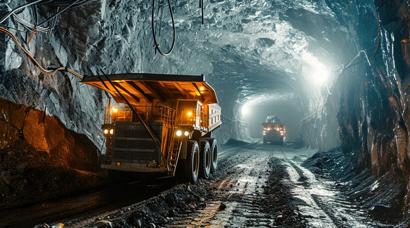 Illustration of a sustainable and futuristic mining operation using green technology and renewable energy sources.