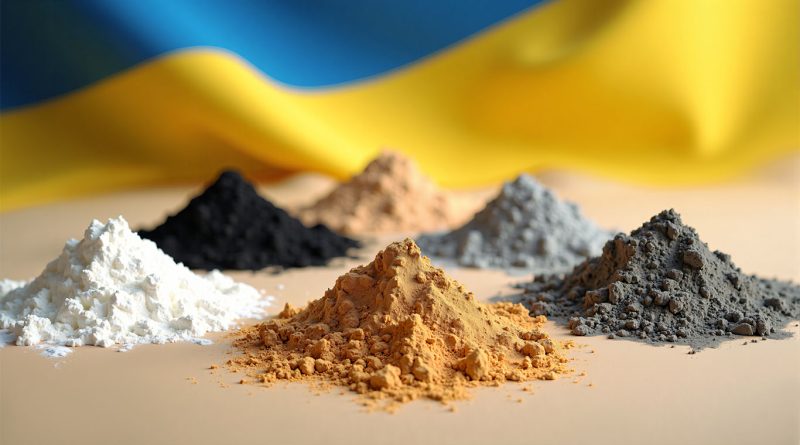 Piles of different minerals in front of Ukraine flag