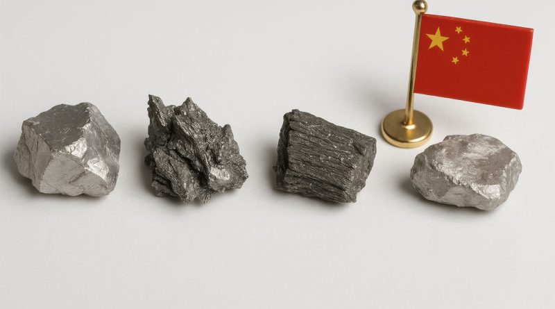 Critical metals laid out next to Chinese flag to support China rare earth exports article
