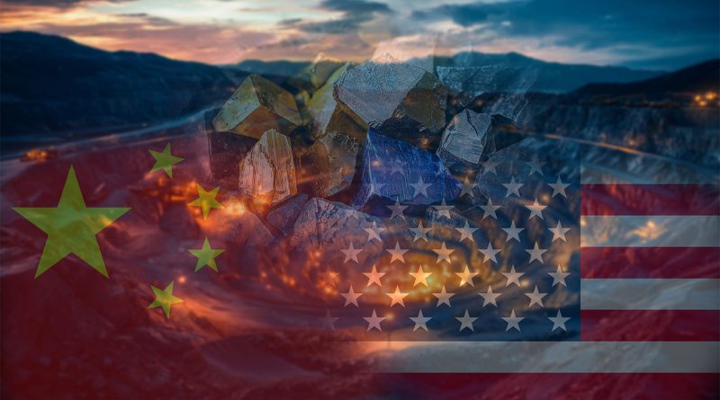US and Chinese flags overlaying critical minerals to support rare earth magnets race article