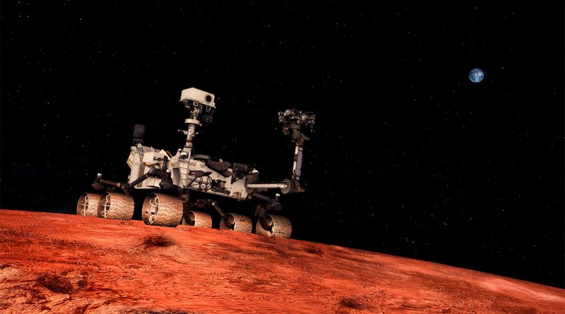 NASA Perseverance rover exploring Jezero Crater terrain with visible Martian rock formations
