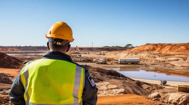 A modern uranium mining facility with processing equipment and clean energy infrastructure in the background