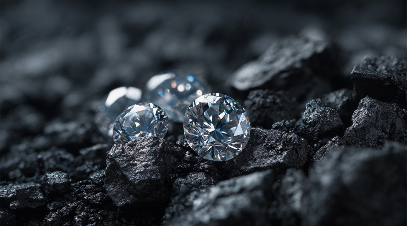 Close-up of several cut diamonds resting on dark, rough rocks, highlighting the contrast between gemstones and ore.